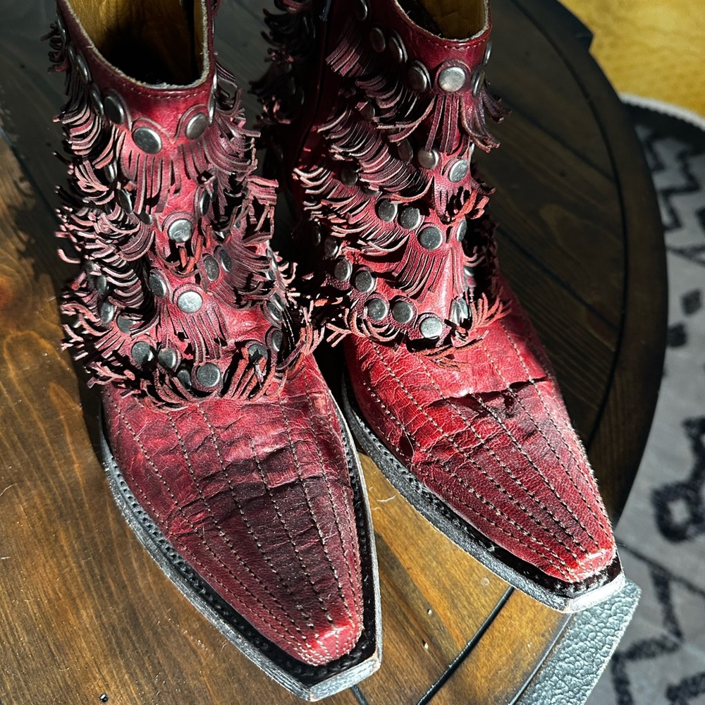 Fringed Red Leather Western Boots